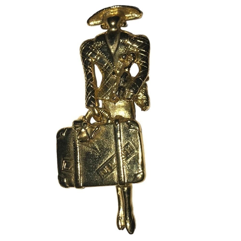 Vintage 80s Uptown Girl Gold Tone Brooche Traveling Lady Poodle Suitcase NY Hat
